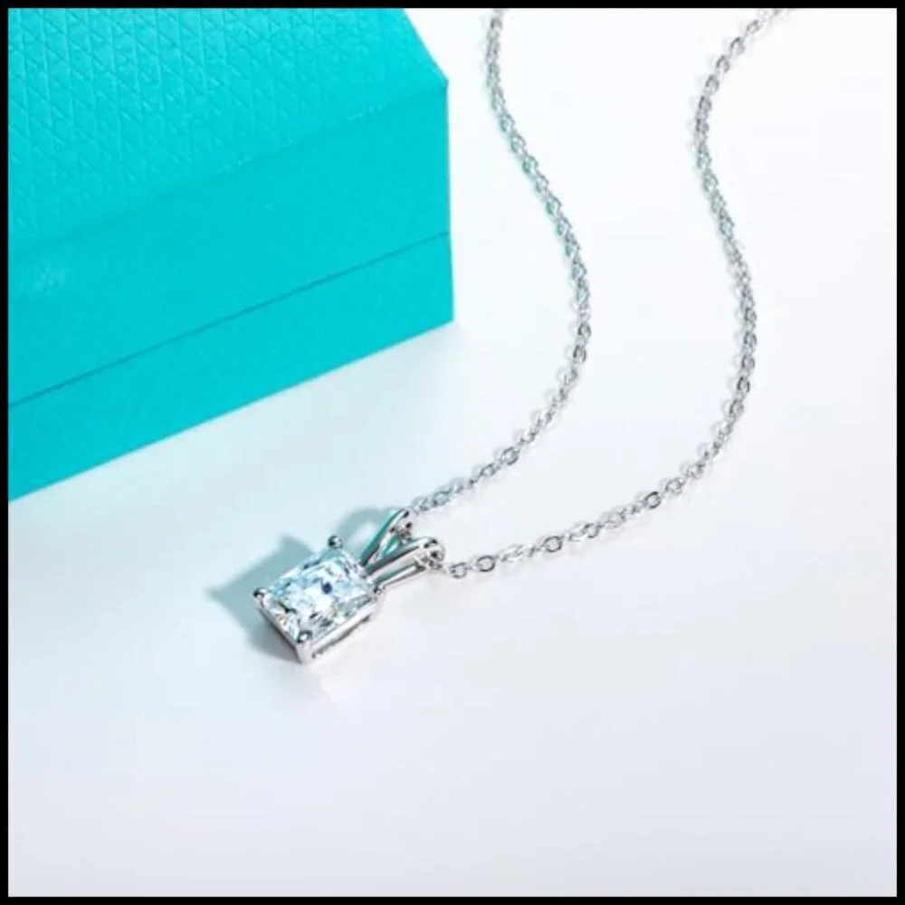 14K White Gold 2 CT Moissanite Pendant Necklace 925 Sterling Silver Radiant Cut